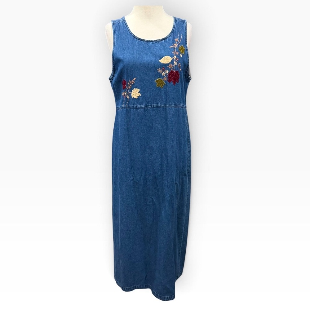 Vintage Erika & Co Denim Dress Womens PM Blue Floral Applique Cottagecore FLAW